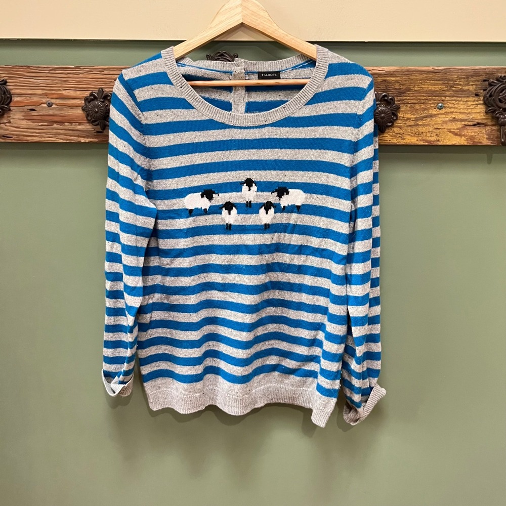 Talbots Womens XL Blue Grey Striped Sheep Intarsia Wool Blend Button Sweater